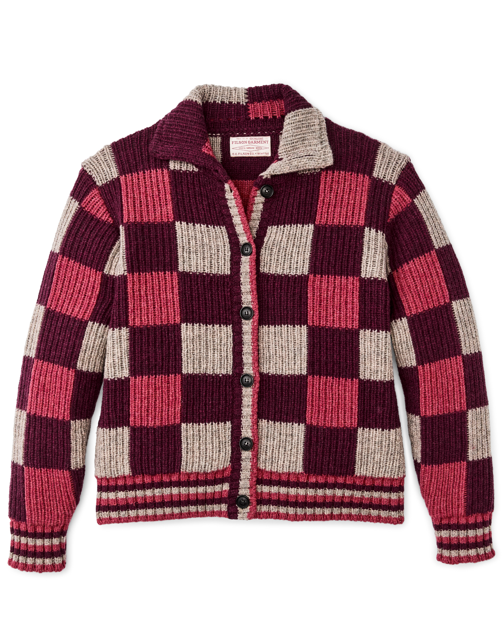 Women's Checkered Wool Cardigan - Burgundy / Gray Check | Filson