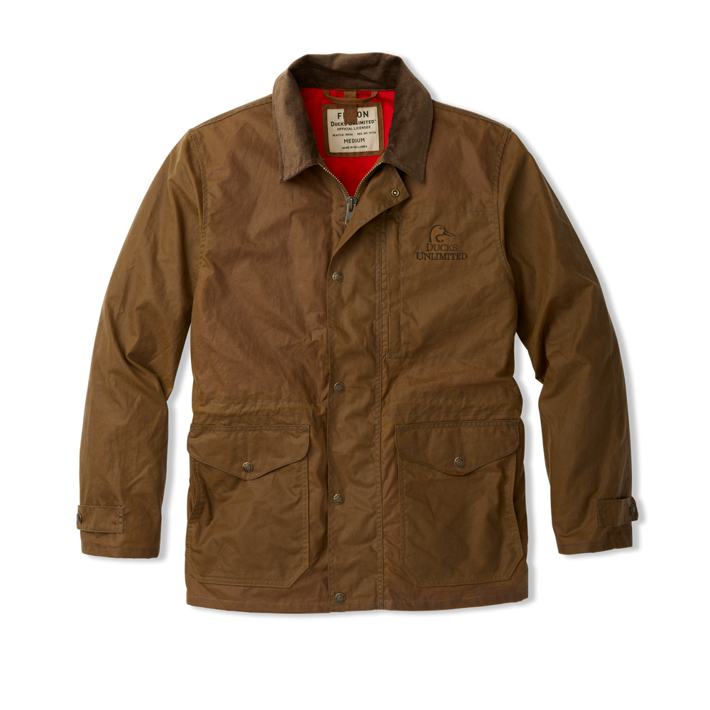 Front-facing image of the Filson Cover Cloth Mile Marker Coat - Rugged Tan