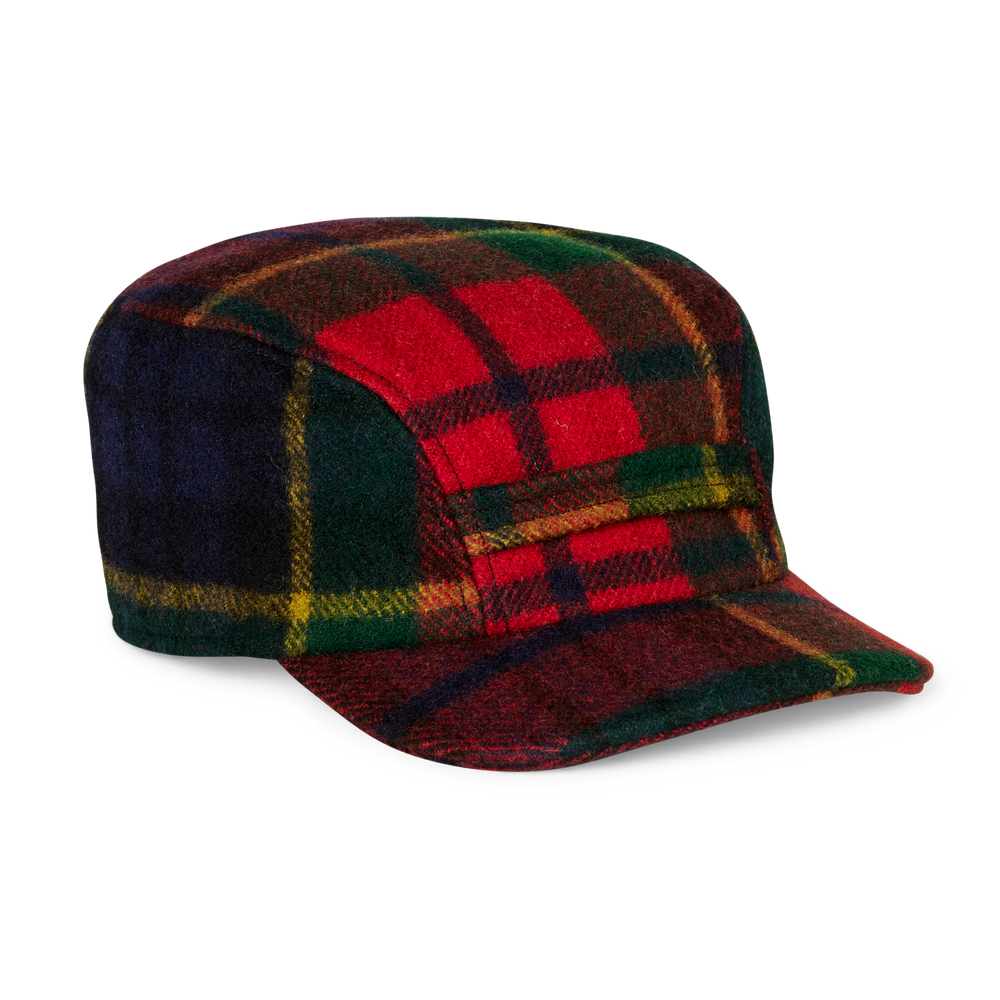 Front-facing image of the Filson Mackinaw Wool Cap - Mackinaw Red / Navy Plaid