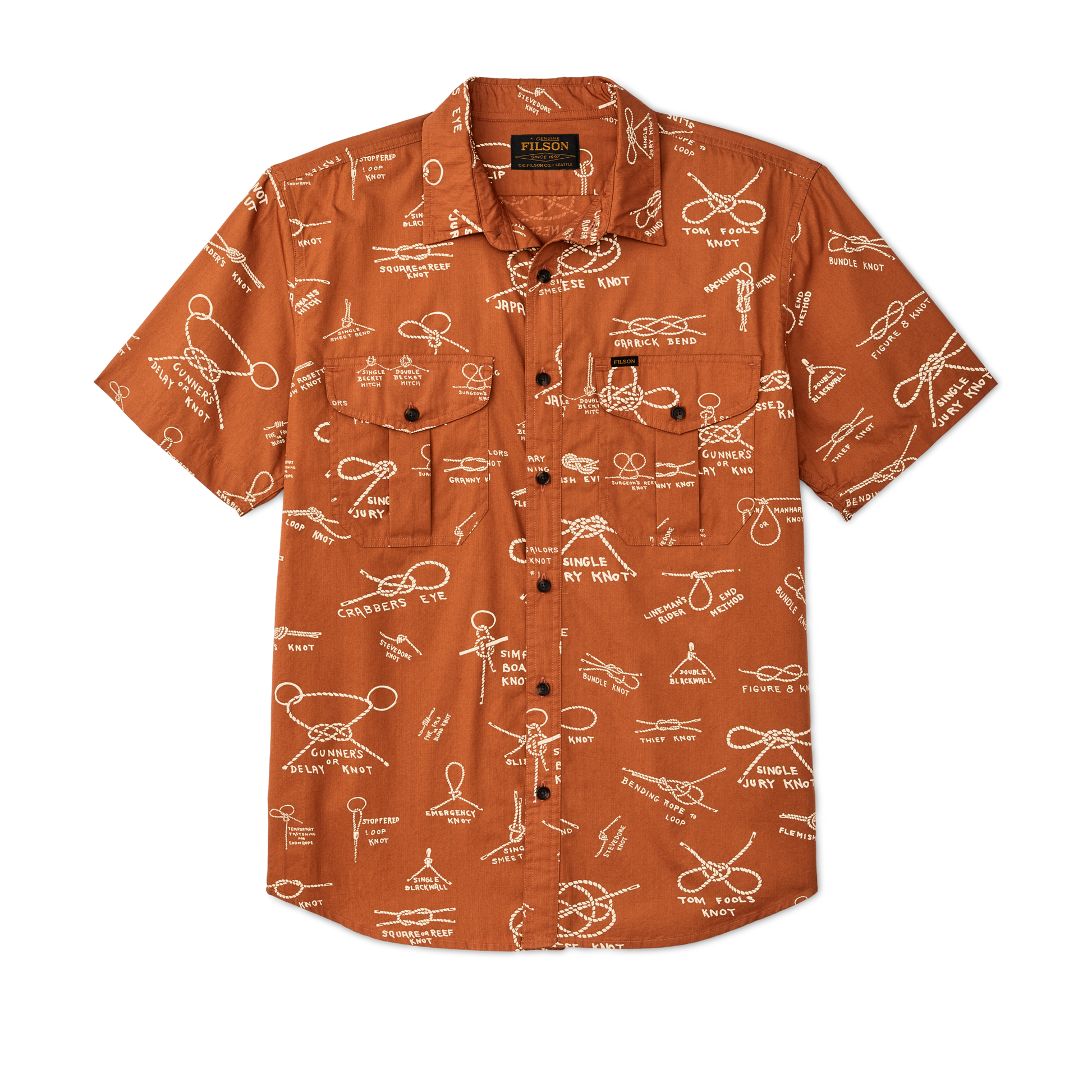 Front-facing image of the Filson Filson's Washed Short Sleeve Feather Cloth Shirt - Bourbon / Knots