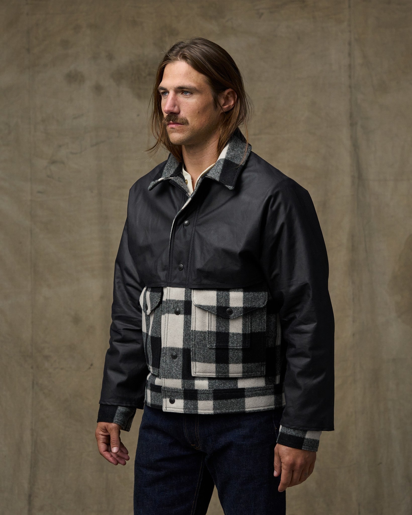 Mackinaw Wool Caped Jacket - Natural Black Plaid / Navy