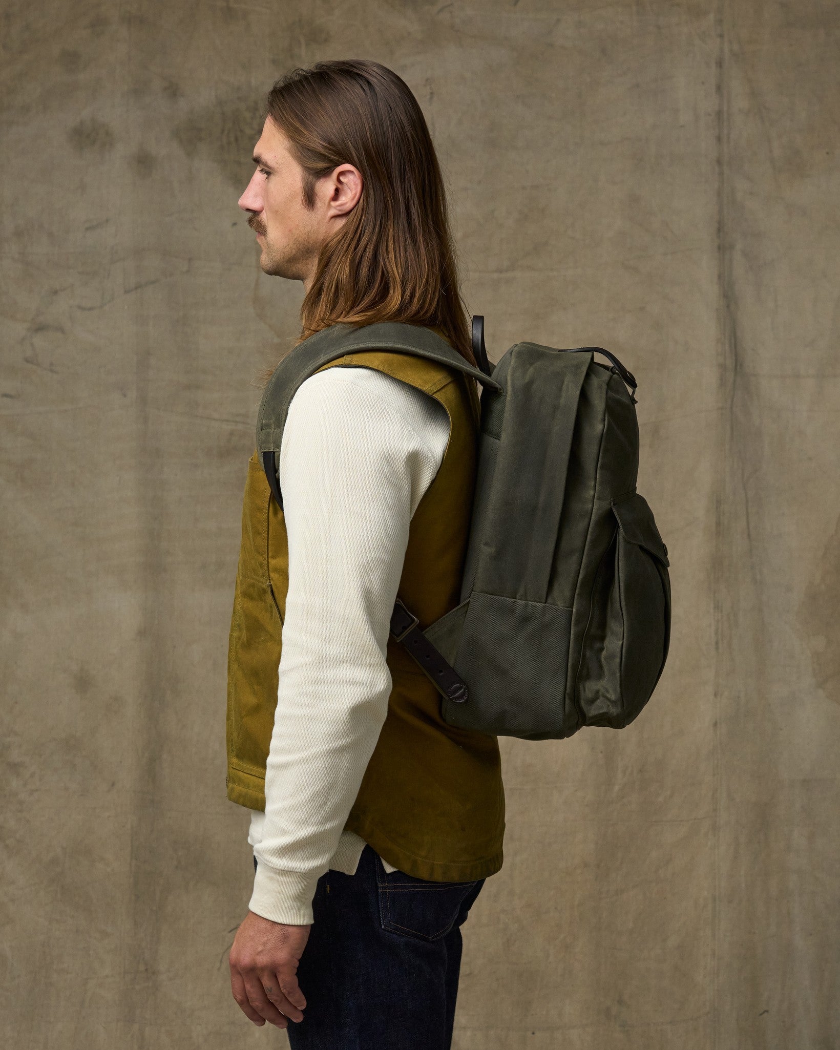 craftsman backpack green with leather on front and back Filson Journeyman Backpack in Otter Green
