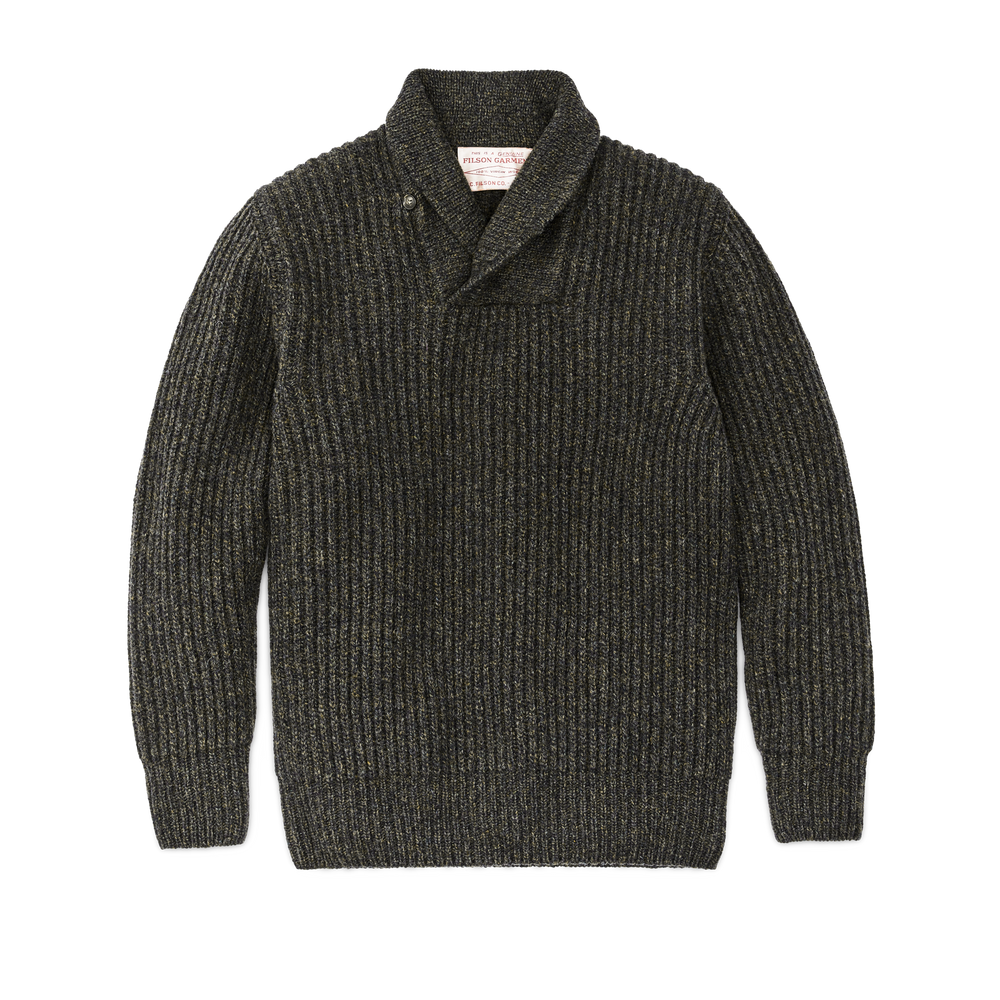 Front-facing image of the Filson Bristol Shawl Neck Sweater  - Moss / Black Melange