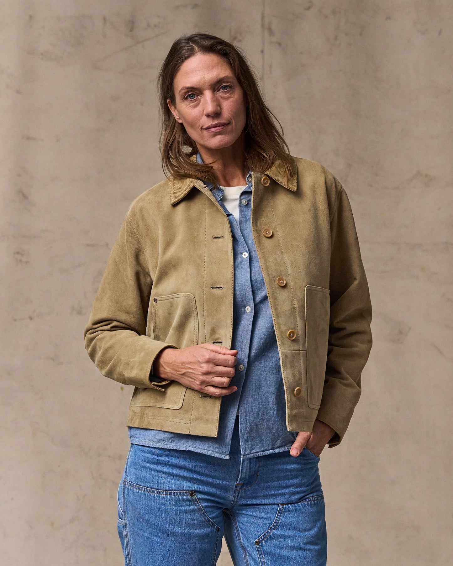 image of a model wearing Filson's Women's Short Suede Barn Jacket - Light Gray|Model is 5'10" wearing a size medium|Model is 5'10" wearing a size medium