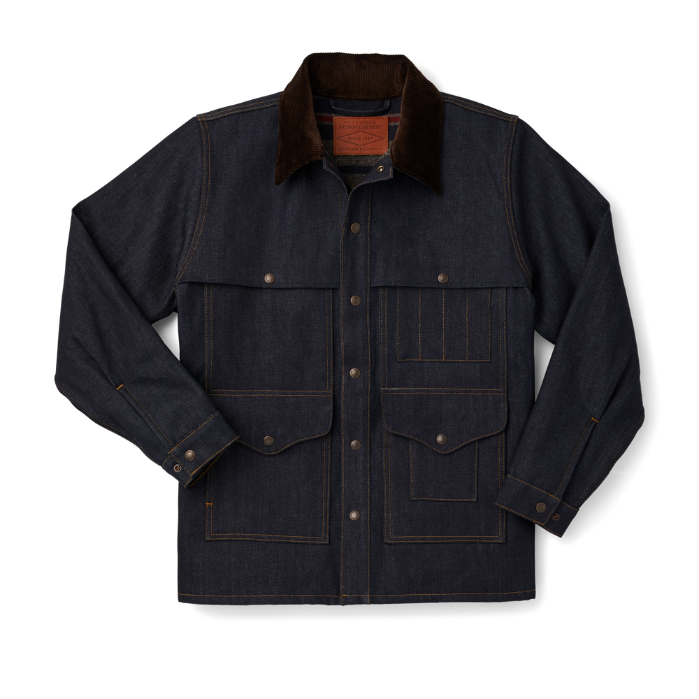 Front-facing image of the Filson Lined Denim Cruiser Jacket - Raw Indigo / Canteen Stripe