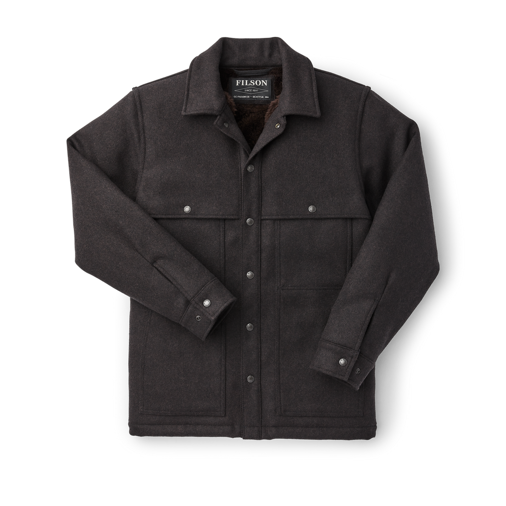 Front-facing image of the Filson Lined Wool Cape Coat - Brown/black Twill