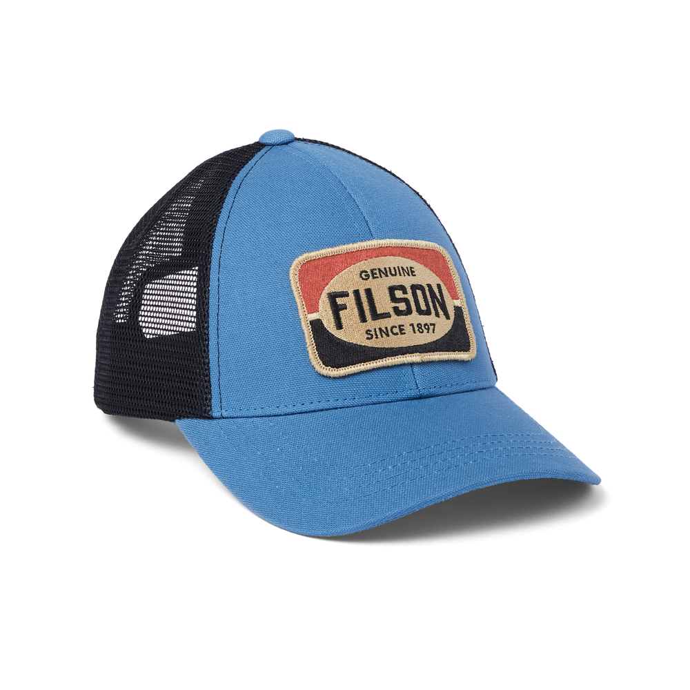 Front-facing image of the Filson Mesh Snap-back Logger Cap - Blue
