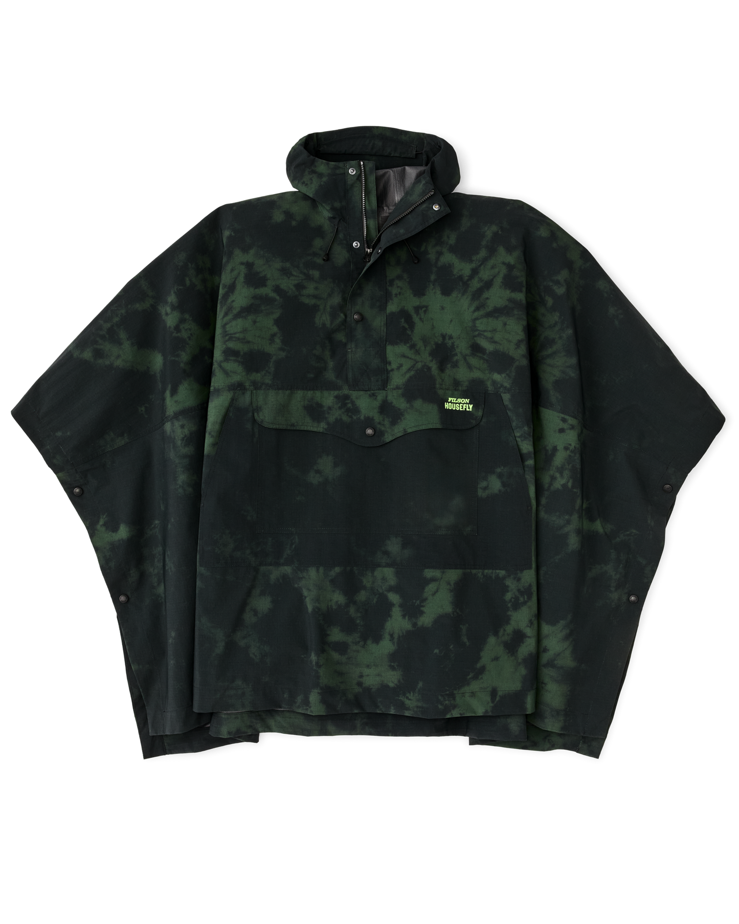 Front-facing image of the Filson Filson X Housefly Swiftwater Rain Poncho - Dark Green Tie Dye