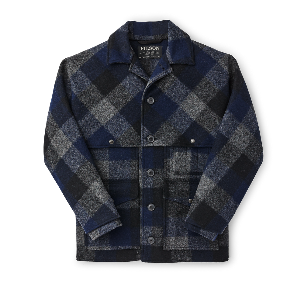 Front-facing image of the Filson Double Mackinaw Cruiser - Charcoal/black/navy Buffalo Plaid