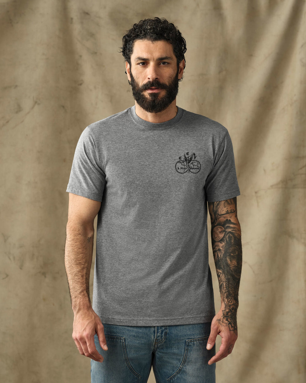 image of a model wearing Filson's Union Graphic T-Shirt - Dark Gray Heather