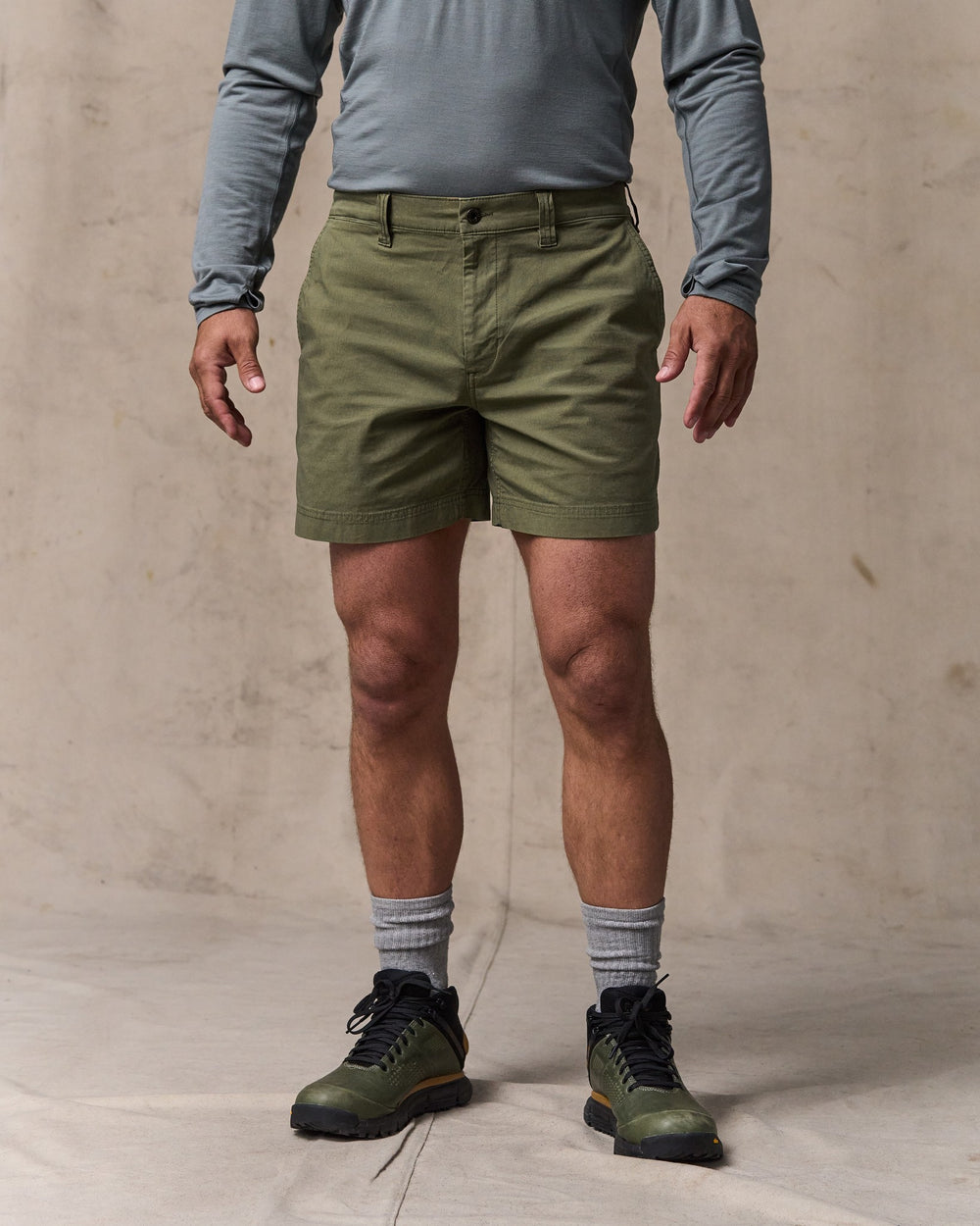image of a model wearing Filson's Granite Mountain 6" Shorts - Burnt Olive