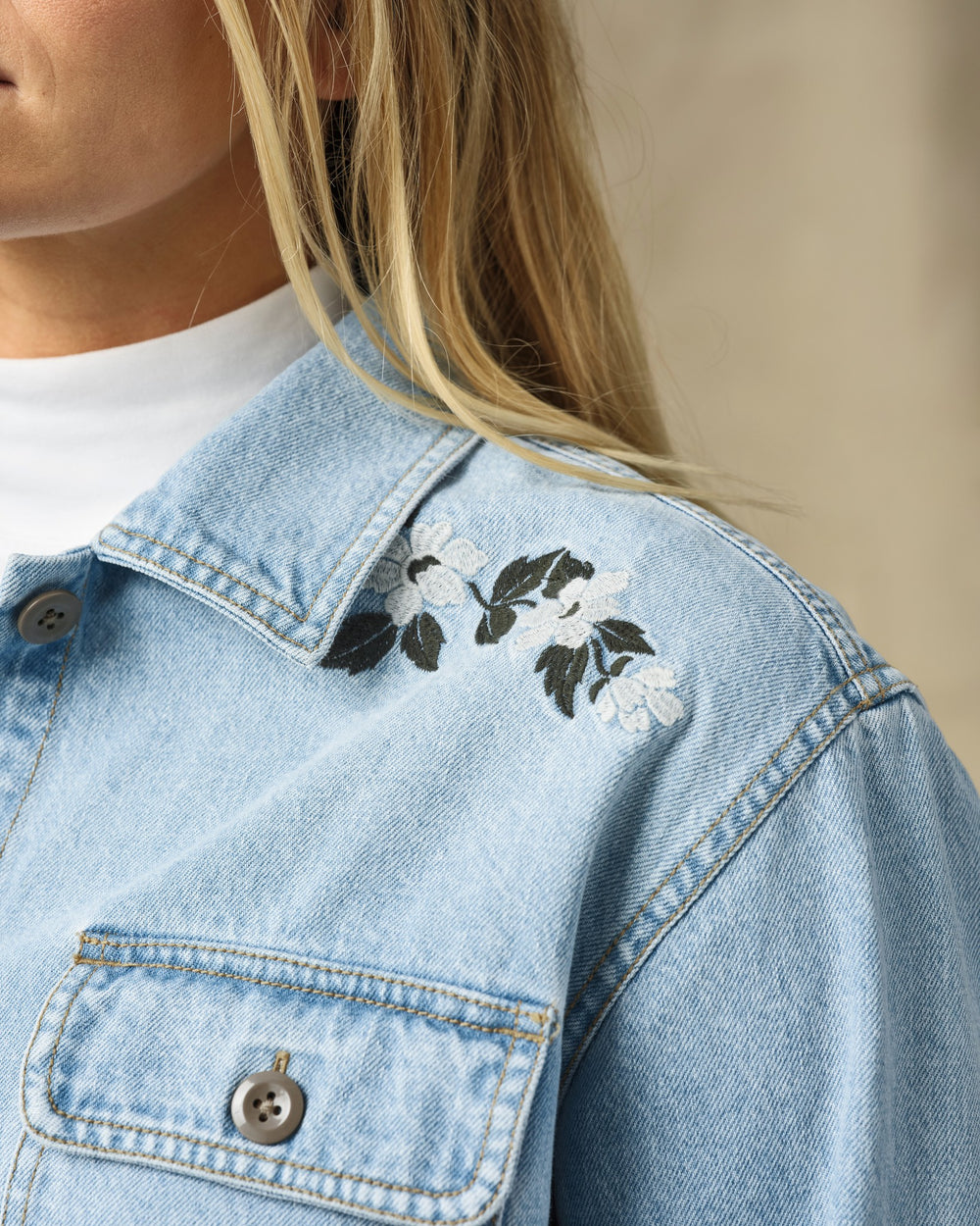 Women's Embroidered Denim Shirt - Pale Indigo
