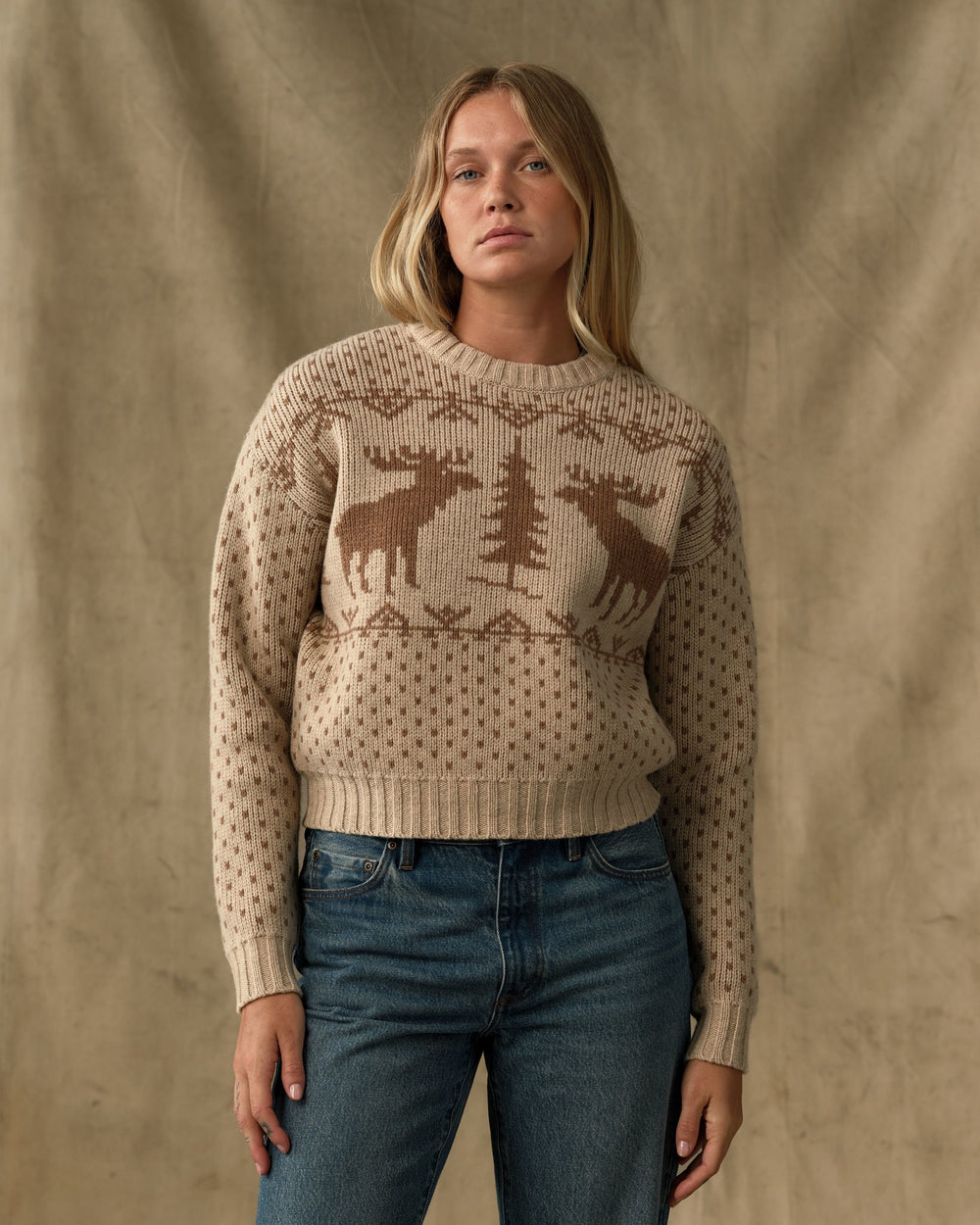 Women's Wildlife Wool Sweater - Cream / Brown