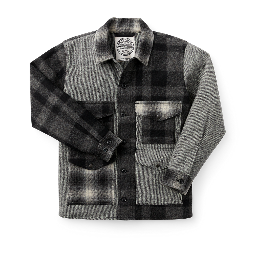 Front-facing image of the Filson 125th Anniversary Archival Mackinaw Wool Cruiser - Gray Patchwork