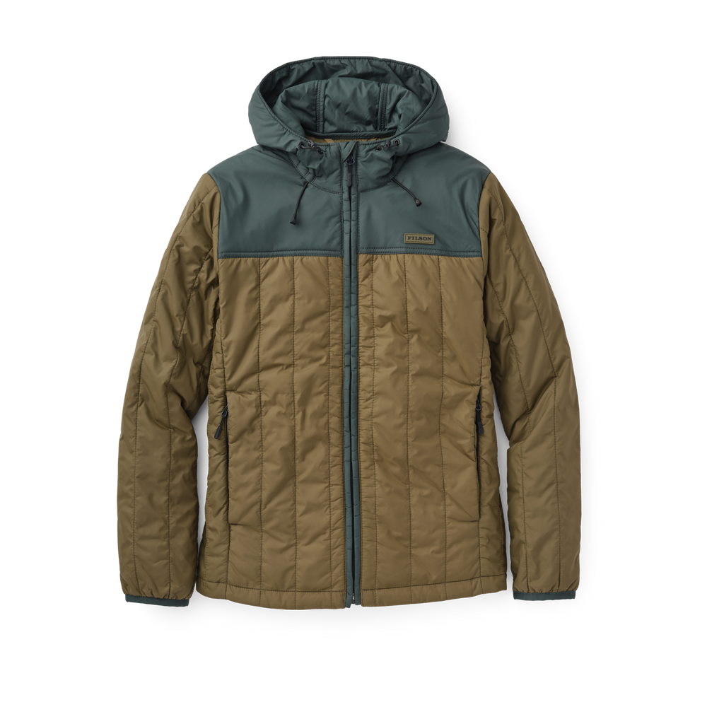 Front-facing image of the Filson Women's Ultralight Hooded Jacket - Dark Olive/dark Spruce