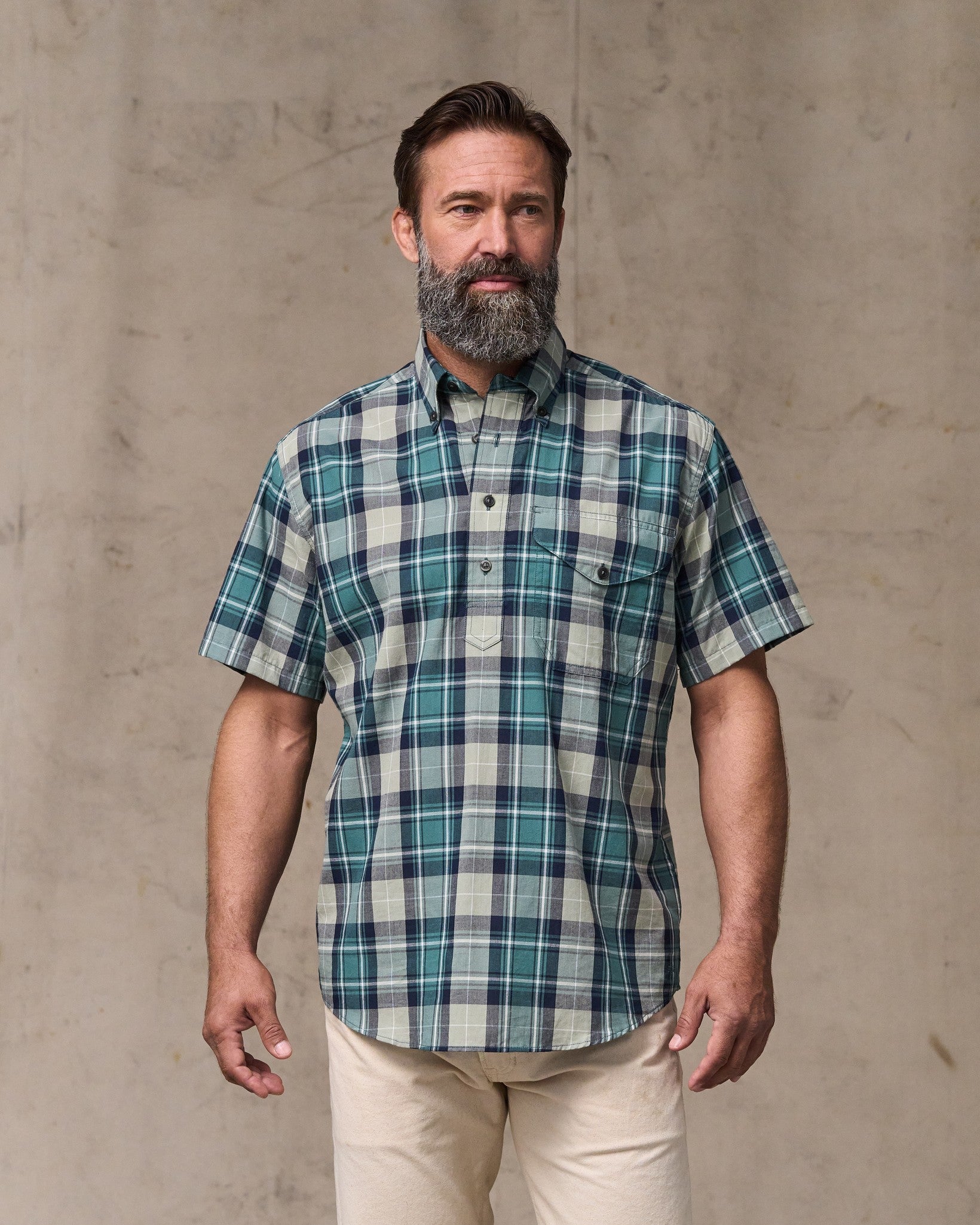 Short Sleeve Madras Popover Shirt - Gray / Teal Multicolor | Filson