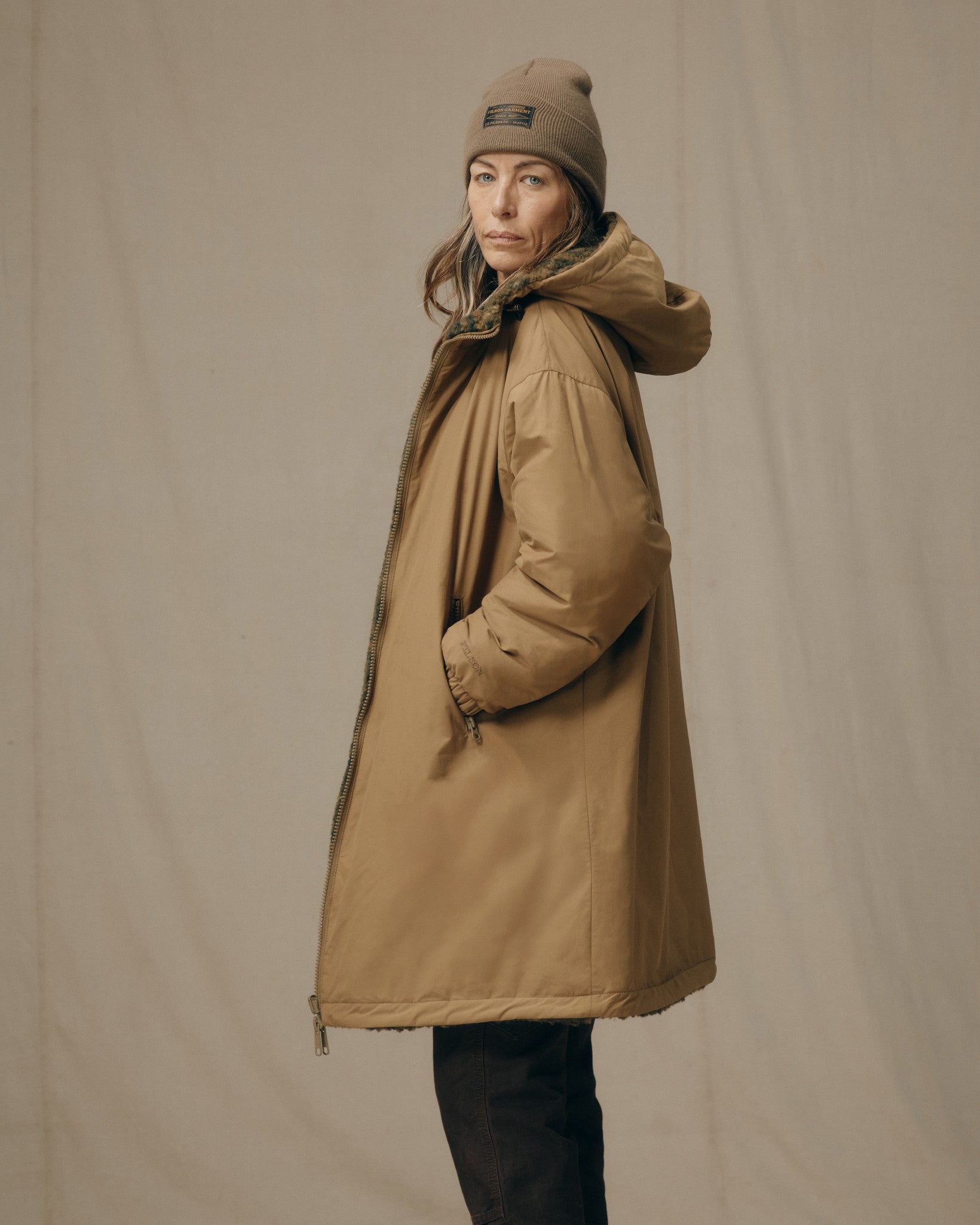 Women's Reversible Woolly Fleece Coat - Tan