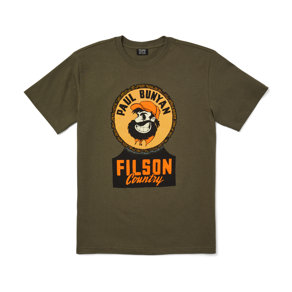 Front-facing image of the Filson Pioneer Graphic T-shirt - Otter Green / Bunyan Country