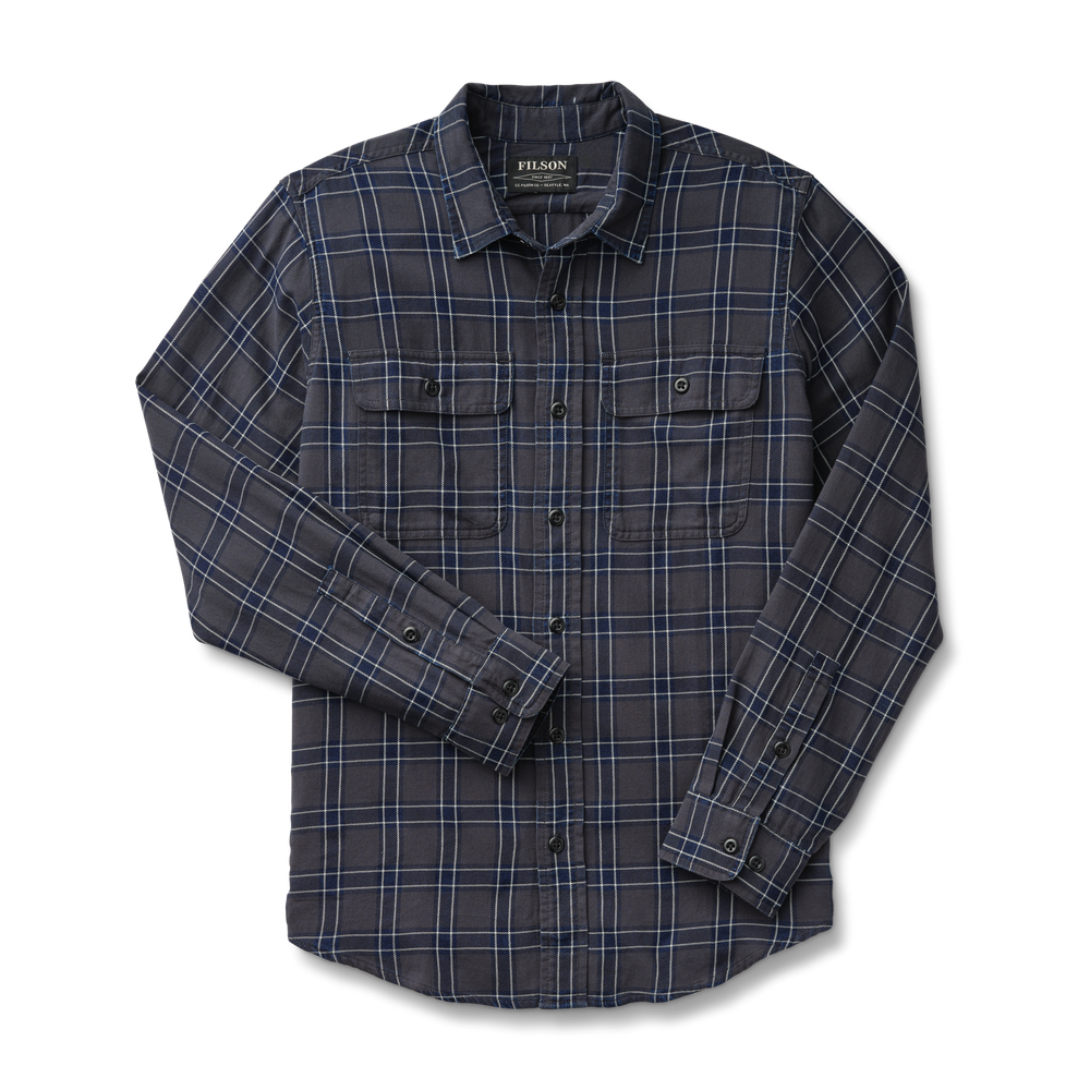 Front-facing image of the Filson Scout Shirt - Faded Black/indigo/white Plaid
