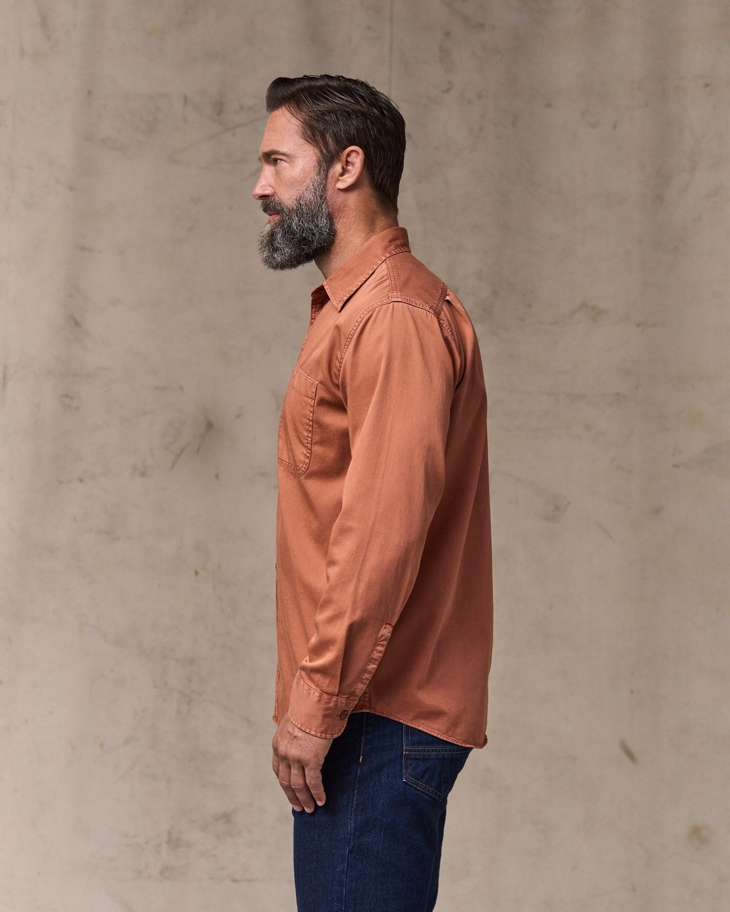 image of a model wearing Filson's 4.5-oz. Twill Shirt - Copper Brown