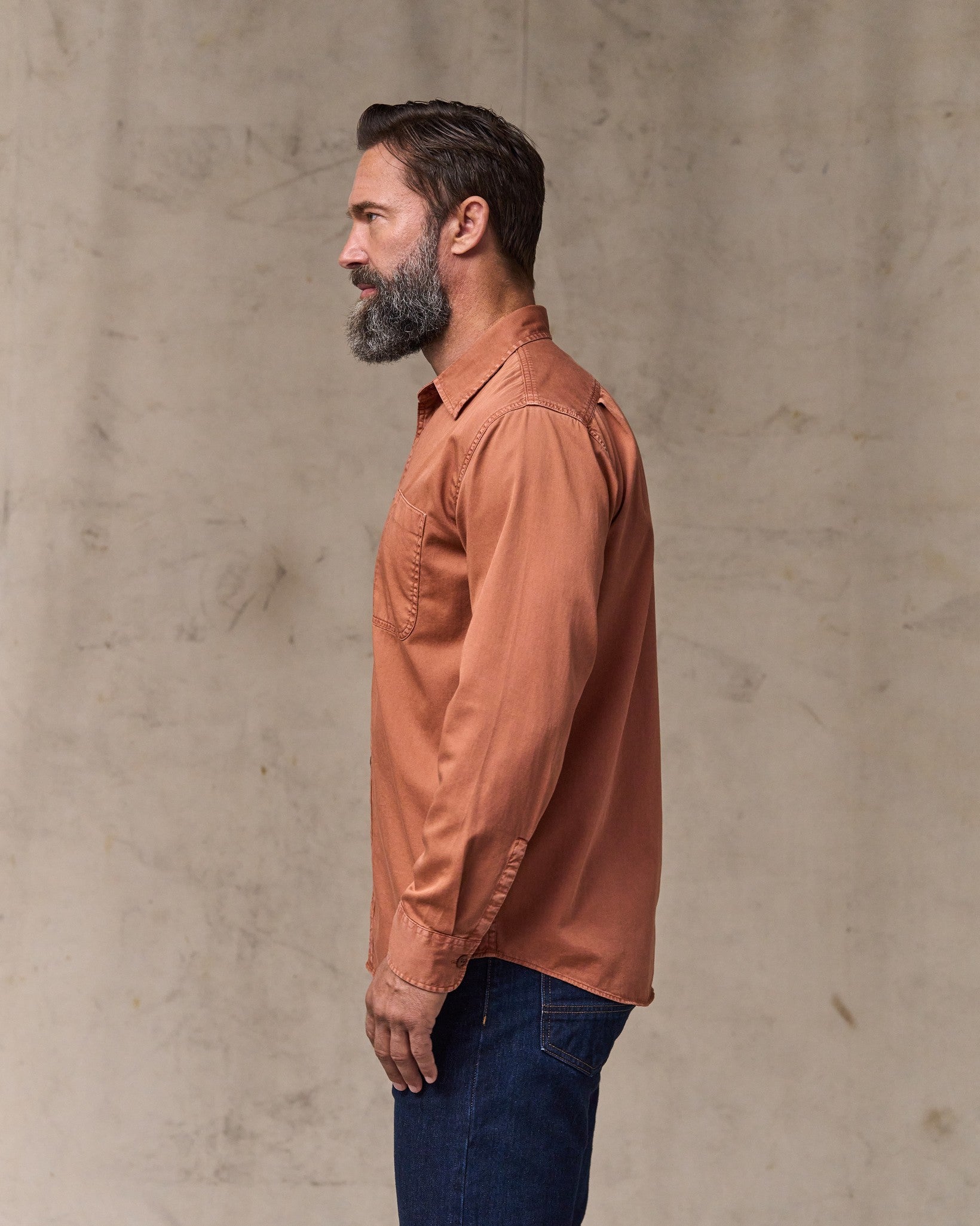 image of a model wearing Filson's 4.5-oz. Twill Shirt - Copper Brown