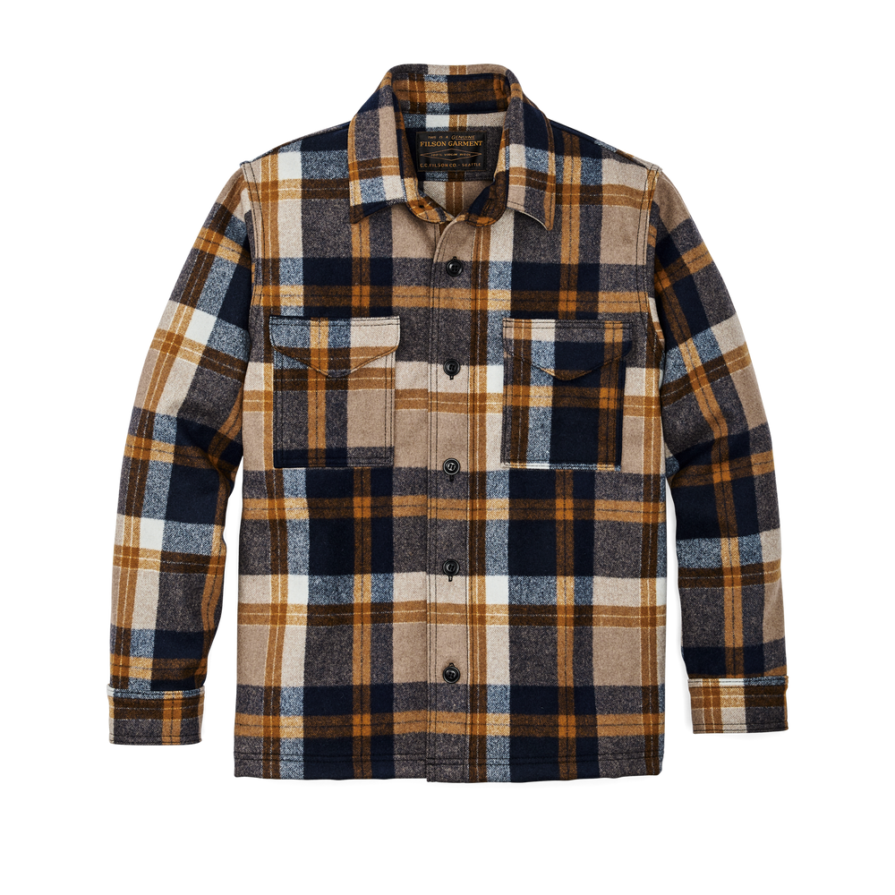 Front-facing image of the Filson Seattle Wool Jac-shirt - Navy / Bronze Plaid