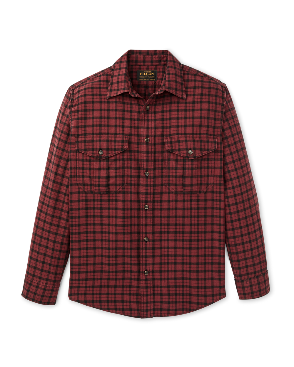 Front-facing image of the Filson Lightweight Alaskan Guide Shirt - Port / Black Plaid