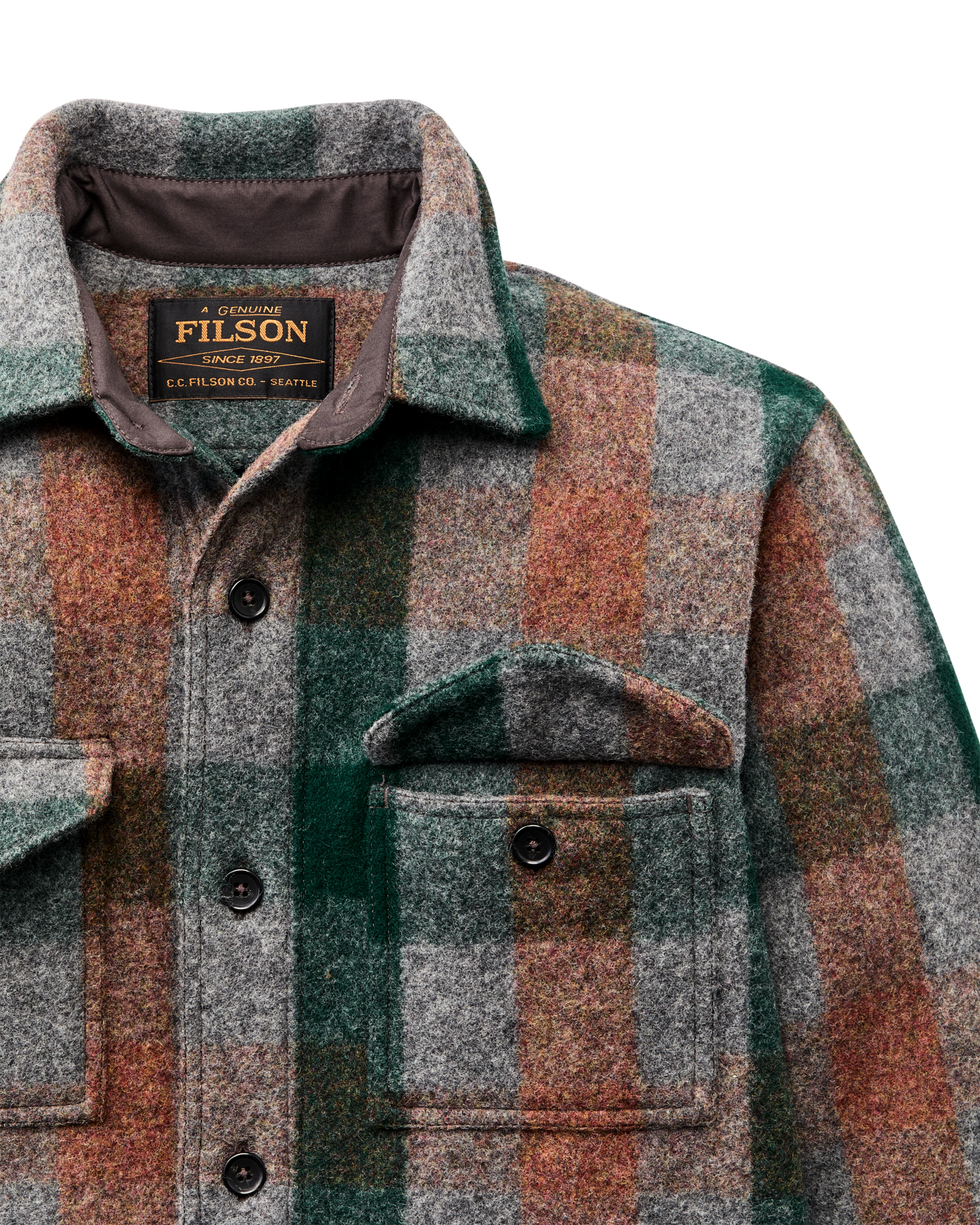 Mackinaw Wool Jac-shirt - Green / Orange / Gray Plaid | Filson Mackinaw Wool Jac-shirt - Green / Orange / Gray Plaid | Filson