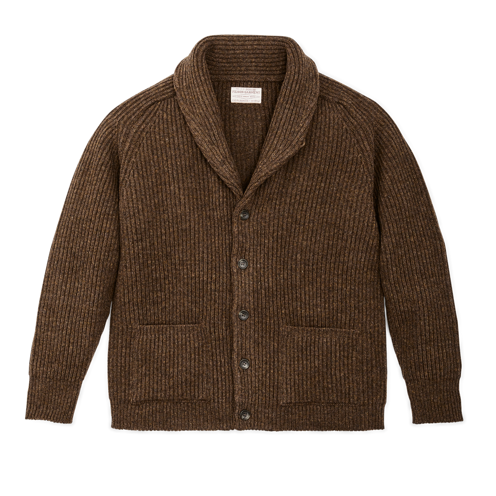 Front-facing image of the Filson Bristol Cardigan Sweater - Heather Brown
