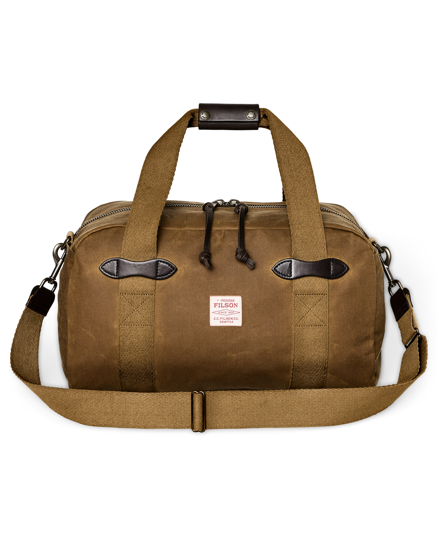 Front-facing image of the Filson Small Tin Cloth Duffle Bag - Dark Tan