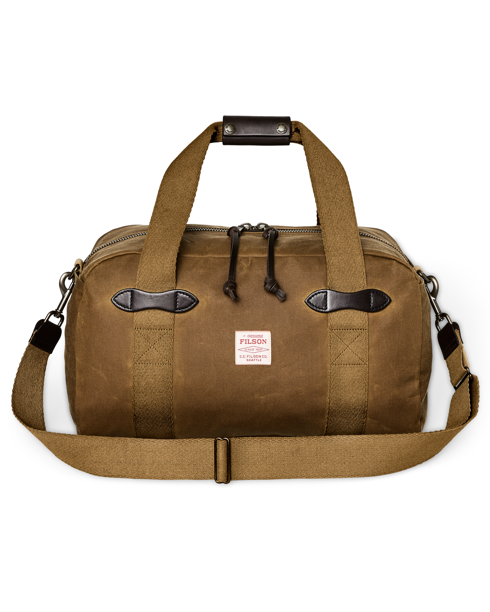Front-facing image of the Filson Small Tin Cloth Duffle Bag - Dark Tan