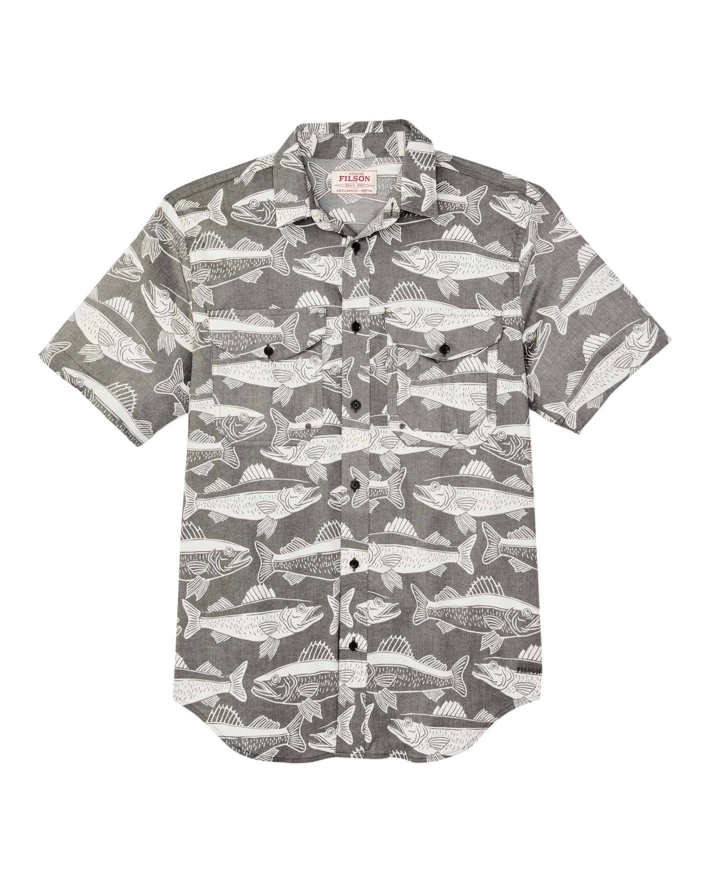 Front-facing image of the Filson Twin Lakes Short Sleeve Sport Shirt - Beluga / Print