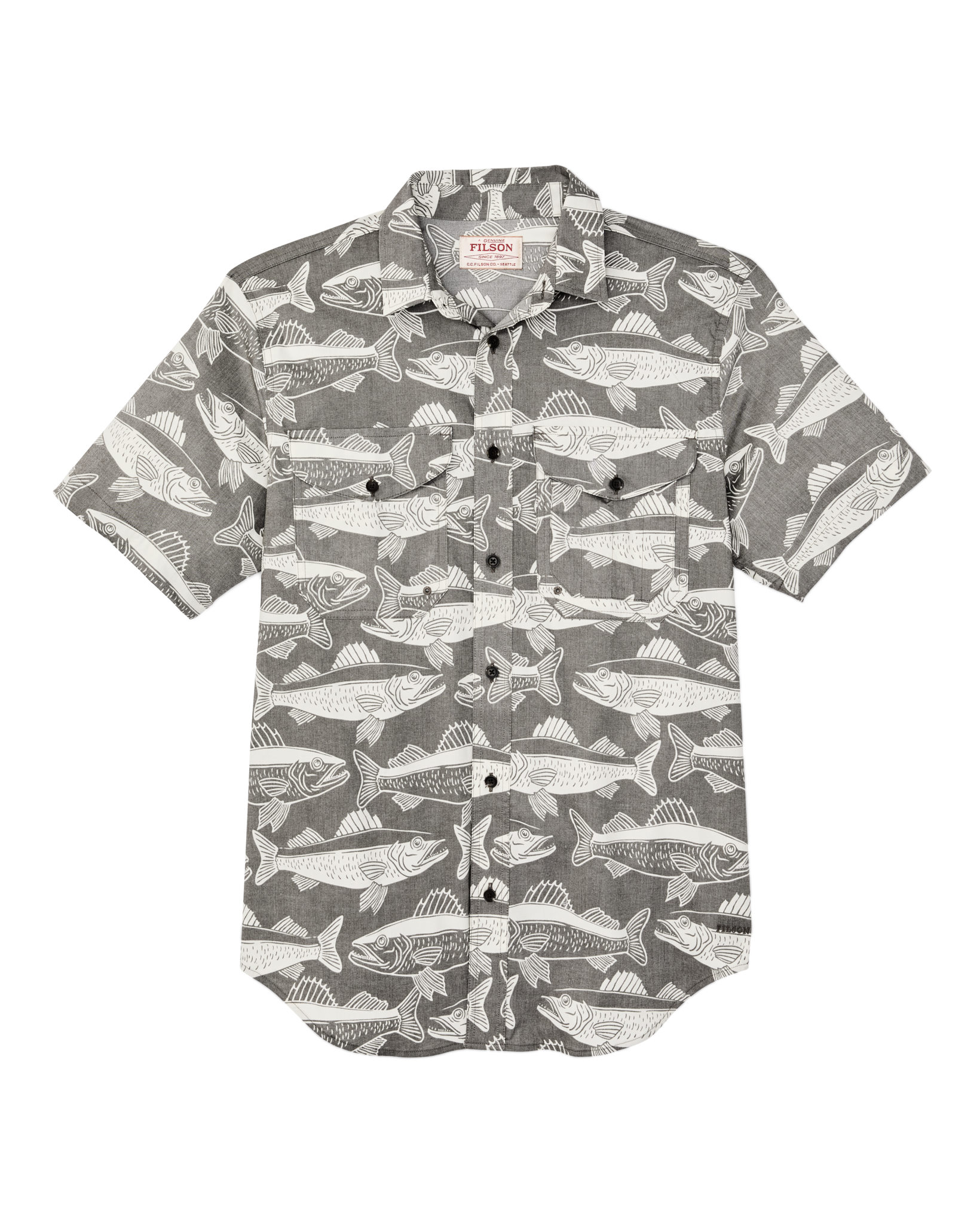 Front-facing image of the Filson Twin Lakes Short Sleeve Sport Shirt - Beluga / Print