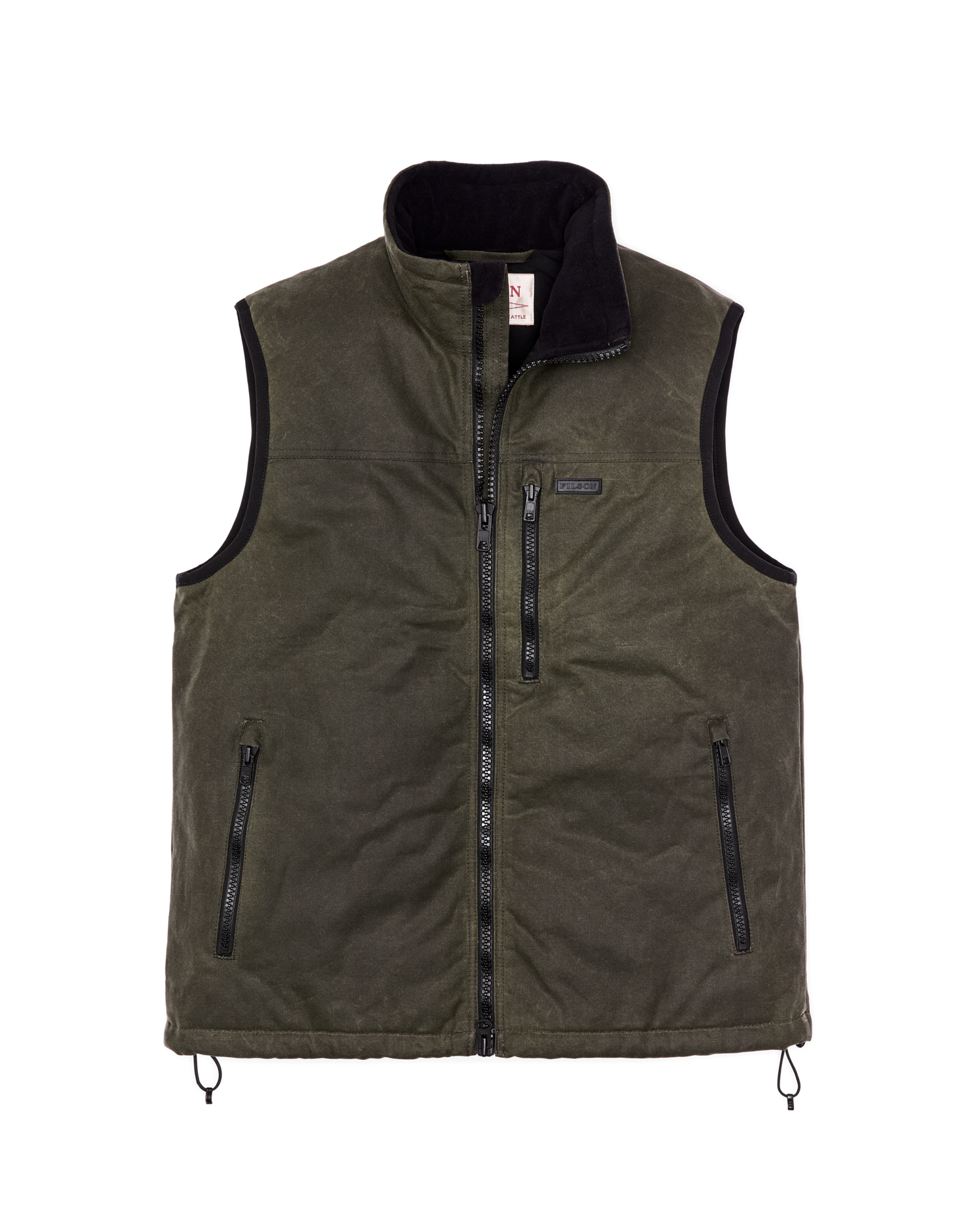 Front-facing image of the Filson Tin Cloth Primaloft Vest - Otter Green