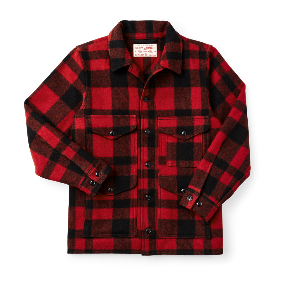 Front-facing image of the Filson Mackinaw Wool Cruiser Jacket - Red Black Heritage Plaid