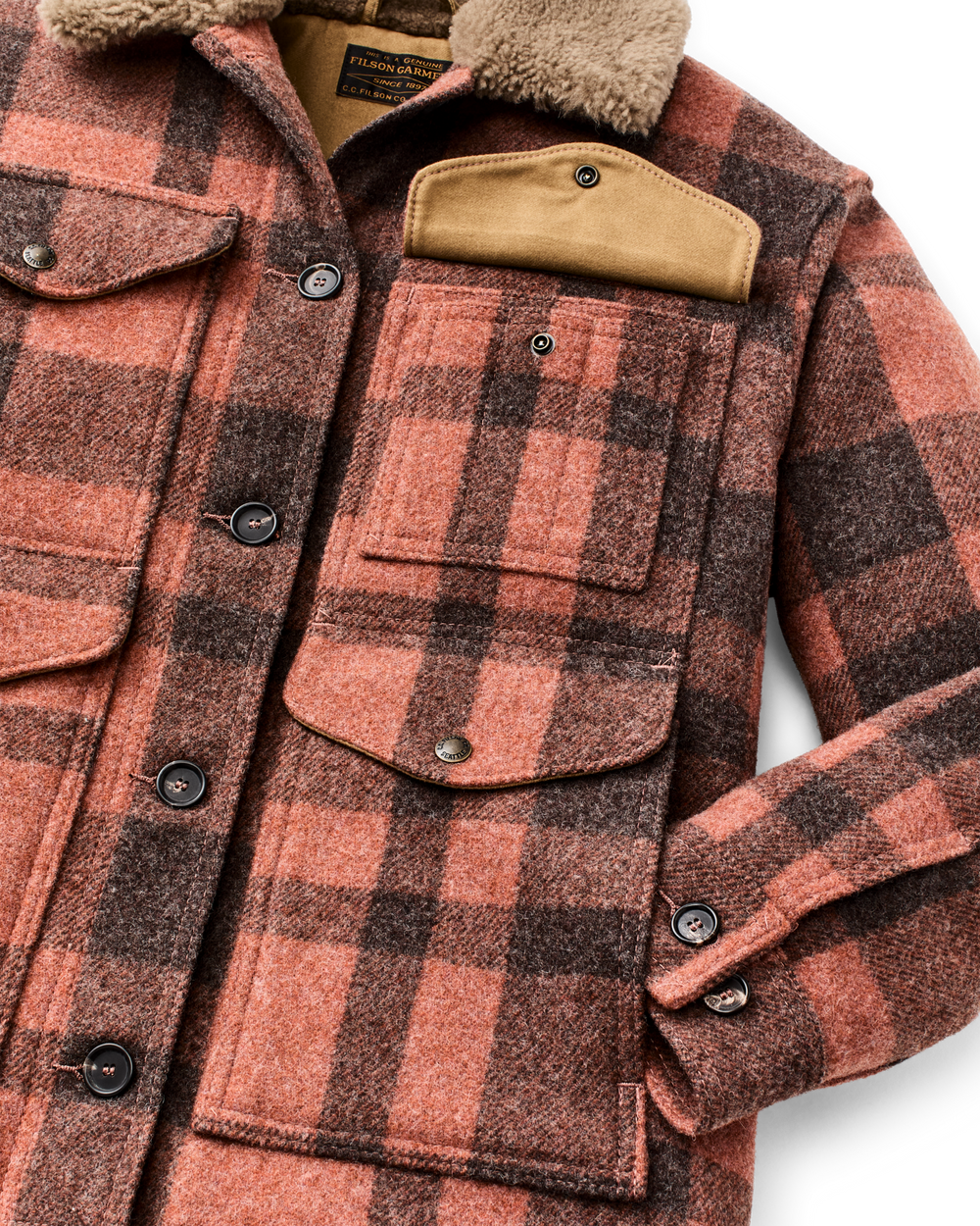 Alternate view of the Filson Women's Mackinaw Wool Shearling Cruiser Jacket - Rusty Pink / Dark Brown Plaid