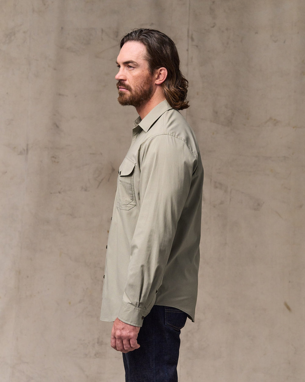image of a model wearing Filson's Twin Lakes Sport Shirt - Dark Clay
