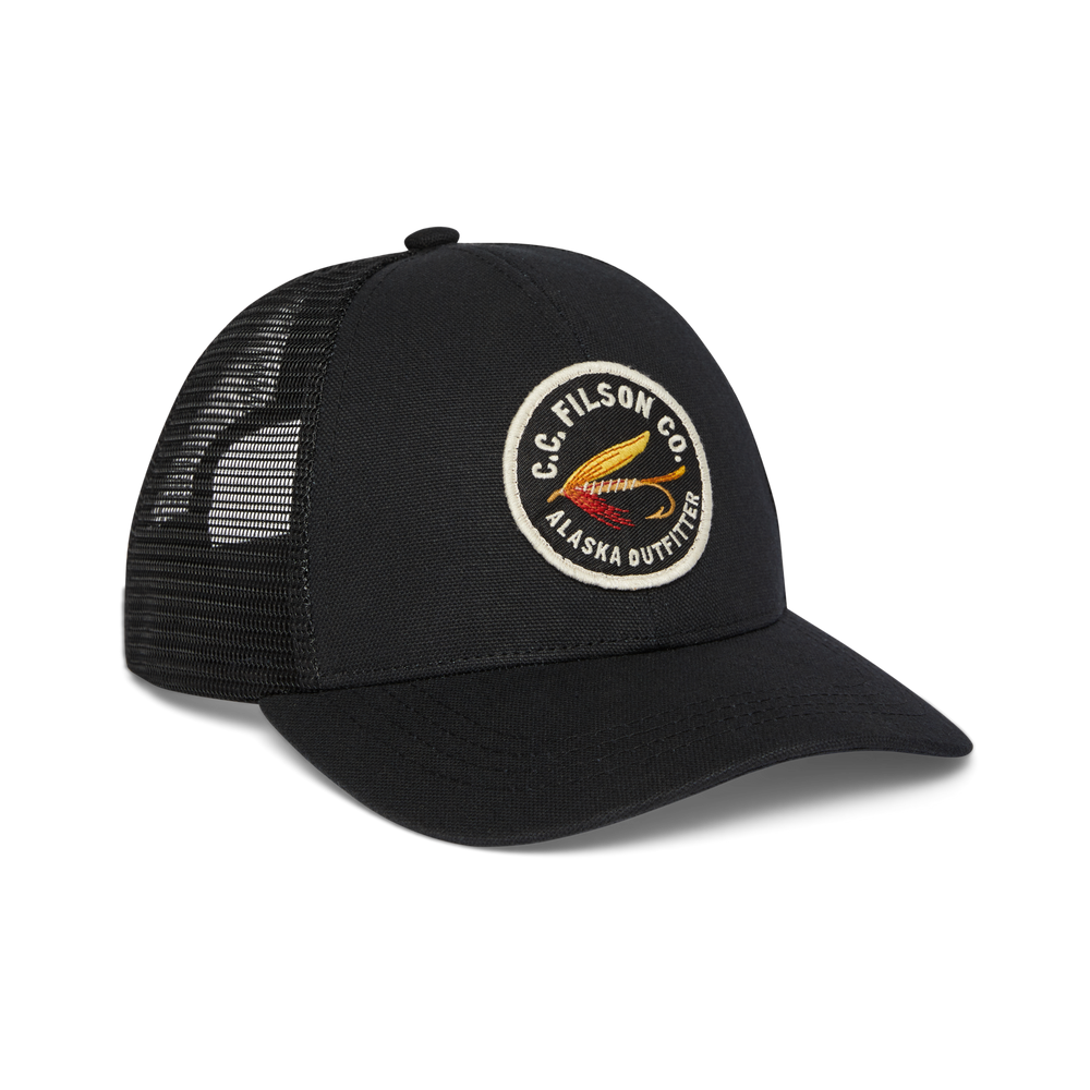 Front-facing image of the Filson Mesh Snap-back Logger Cap - Black Patch