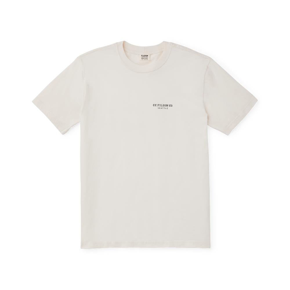 Front-facing image of the Filson S/s Lightweight Outfitter T-shirt - Natural (leaping Elk)