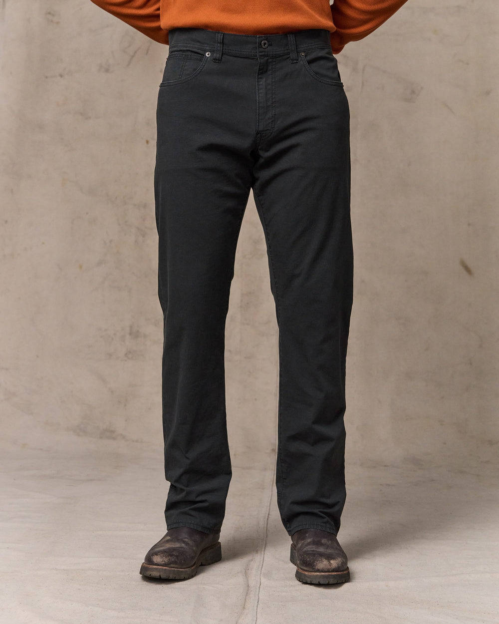 image of a model wearing Filson's Granite Mountain 5-pocket Pants - Washed Faded Black