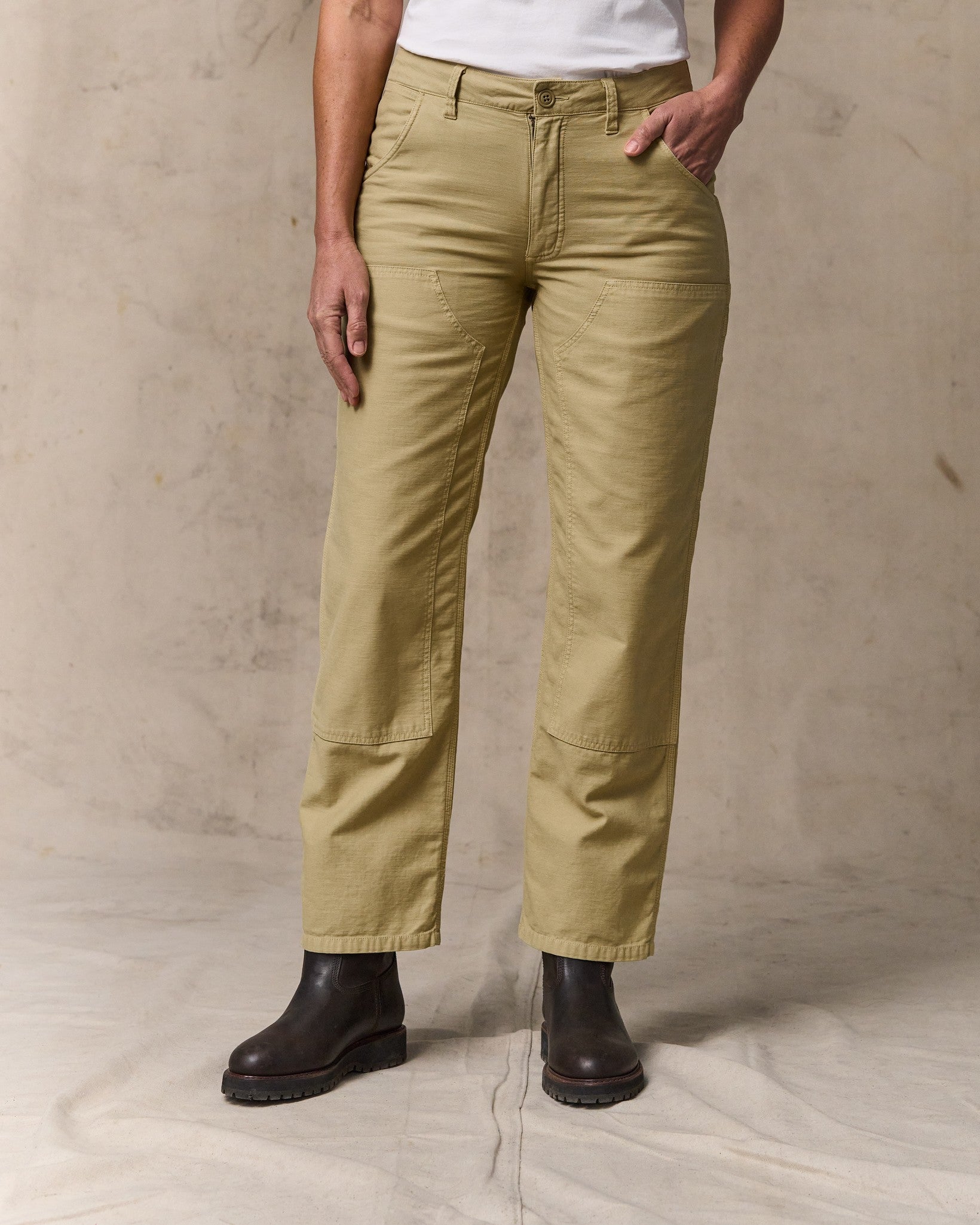 image of a model wearing Filson's Women's Reverse Sateen Double Front Pants - Antique Khaki