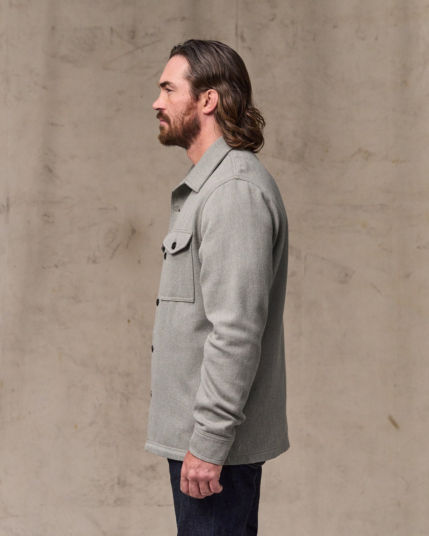 image of a model wearing Filson's Deer Island Jac-shirt - Heather Natural