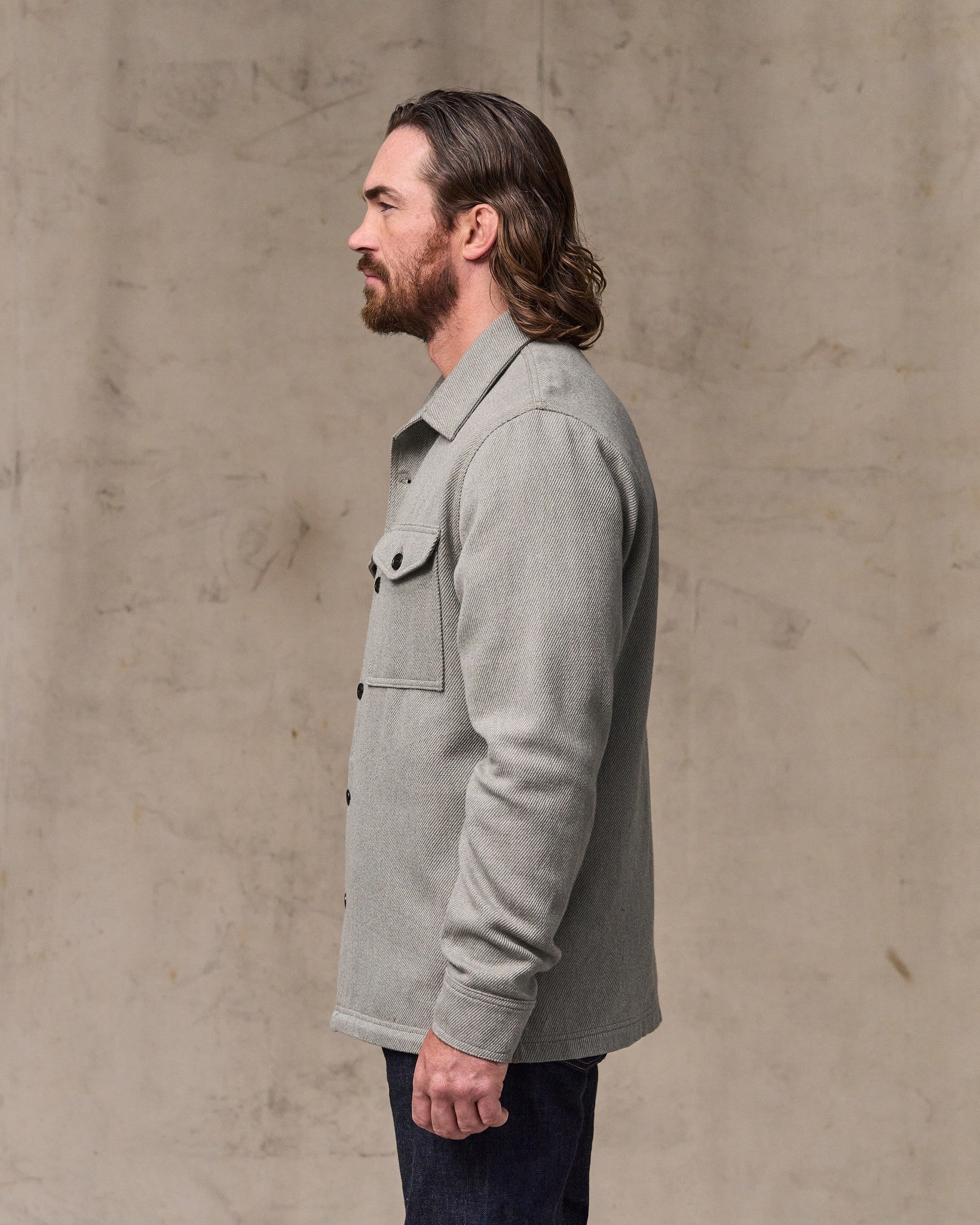 image of a model wearing Filson's Deer Island Jac-shirt - Heather Natural