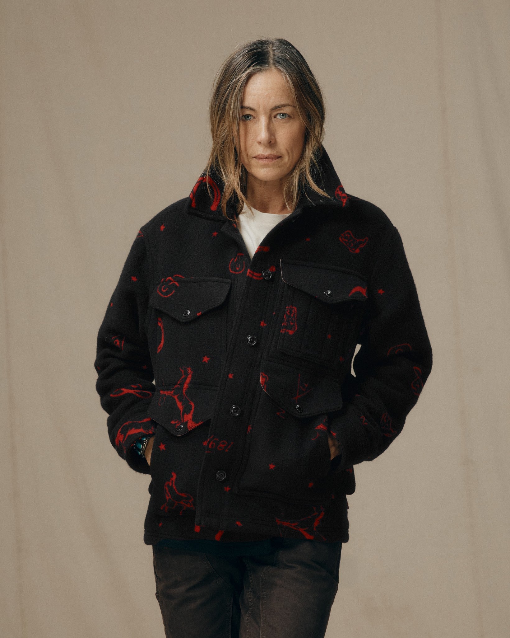 Women's Jacquard Wool Cruiser Jacket - Black / Red Western
