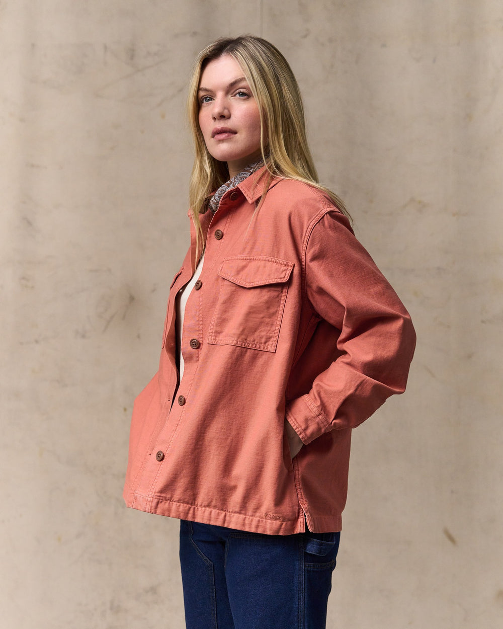 image of a model wearing Filson's Women's Reverse Sateen Jac-shirt - Copper Brown