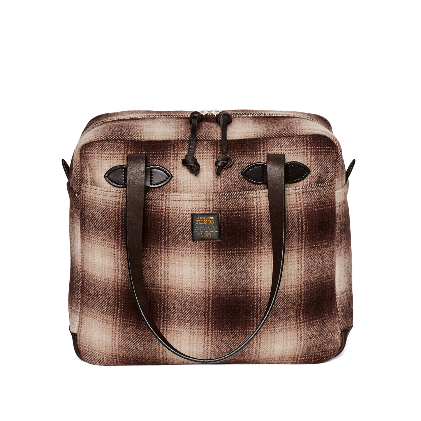 Front-facing image of the Filson Mackinaw Wool Zipper Tote Bag - Brown / Tan Ombre