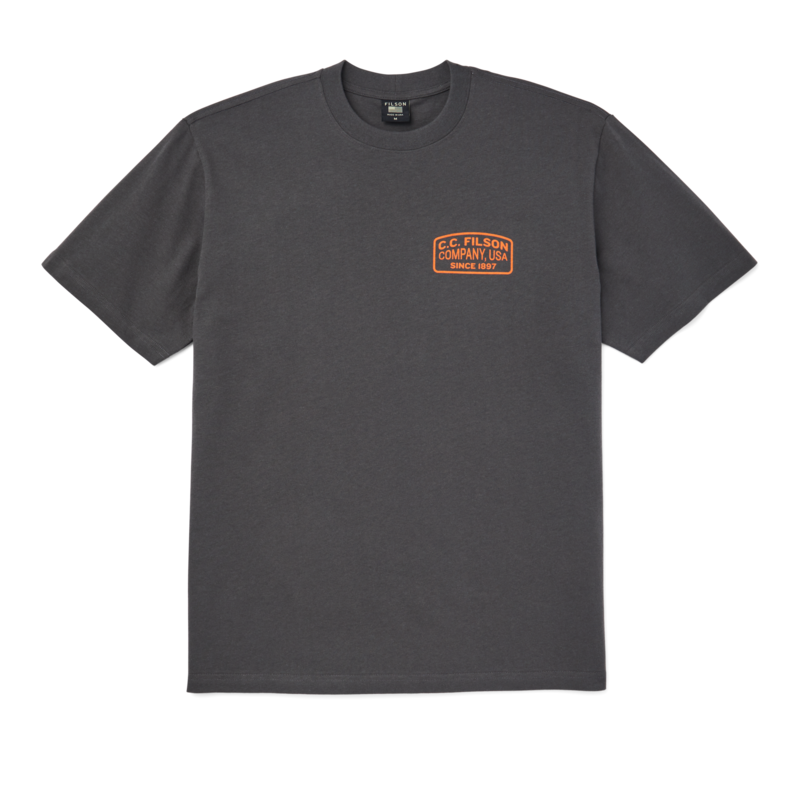 main image of filson's pioneer graphic t-shirt, a men's short sleeve knit shirt constructed in cotton, shown in charcoal / orange