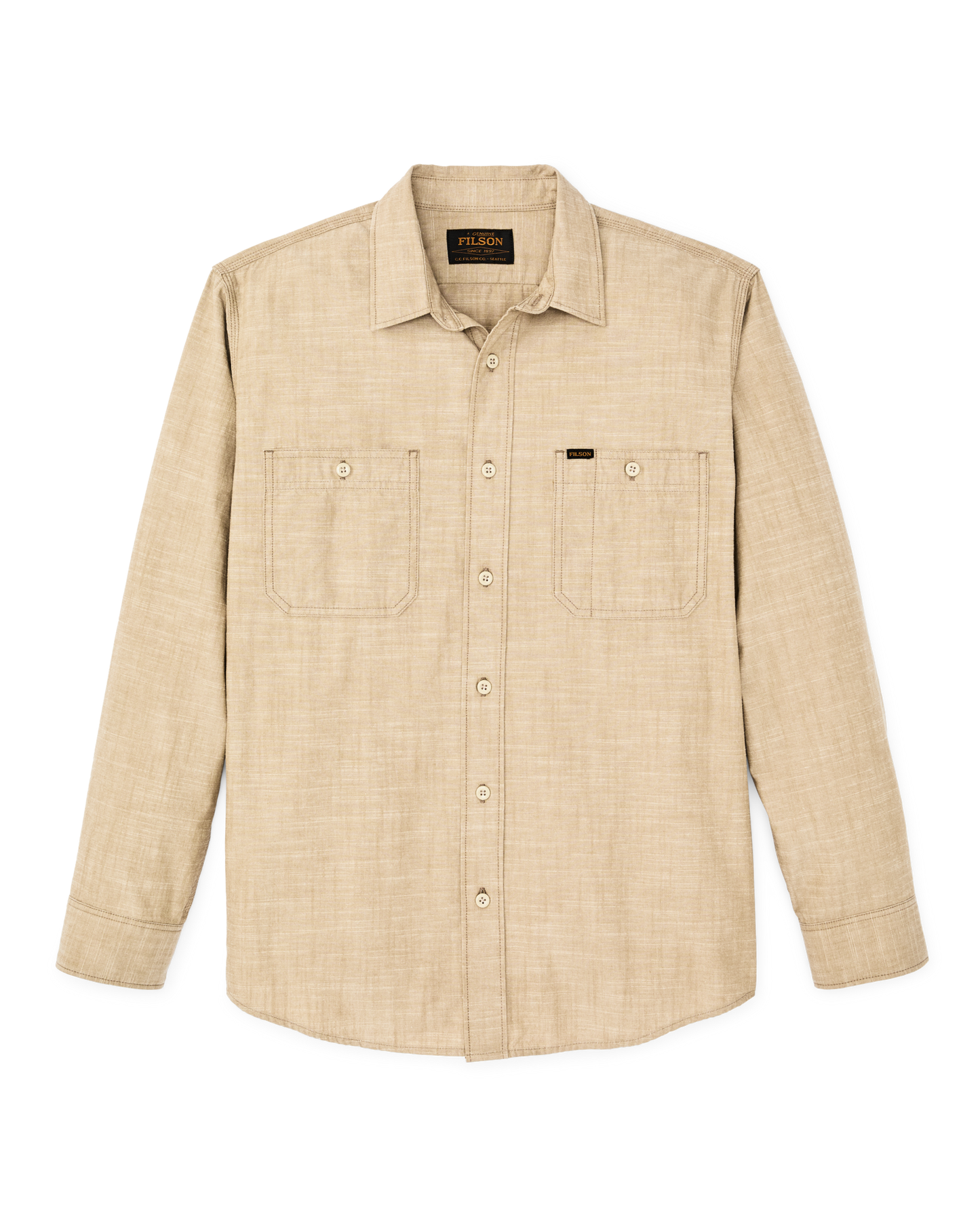 Front-facing image of the Filson Chambray Cpo Shirt - Tan
