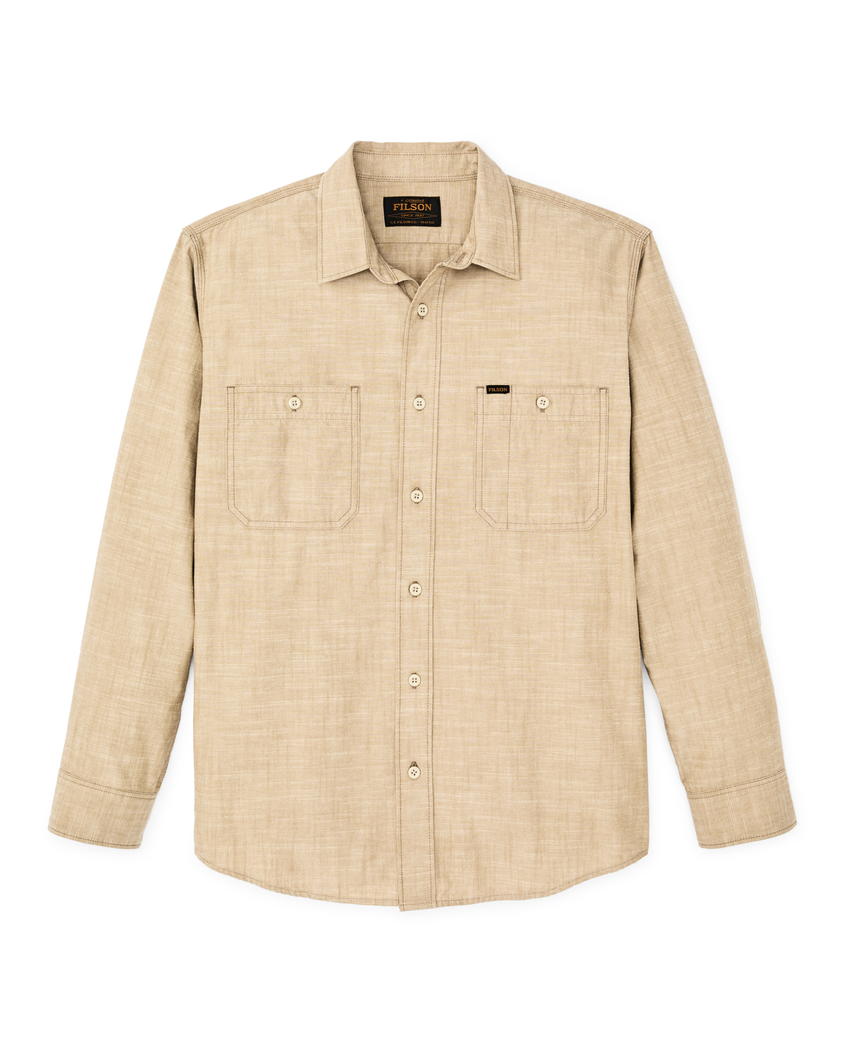 Front-facing image of the Filson Chambray Cpo Shirt - Tan