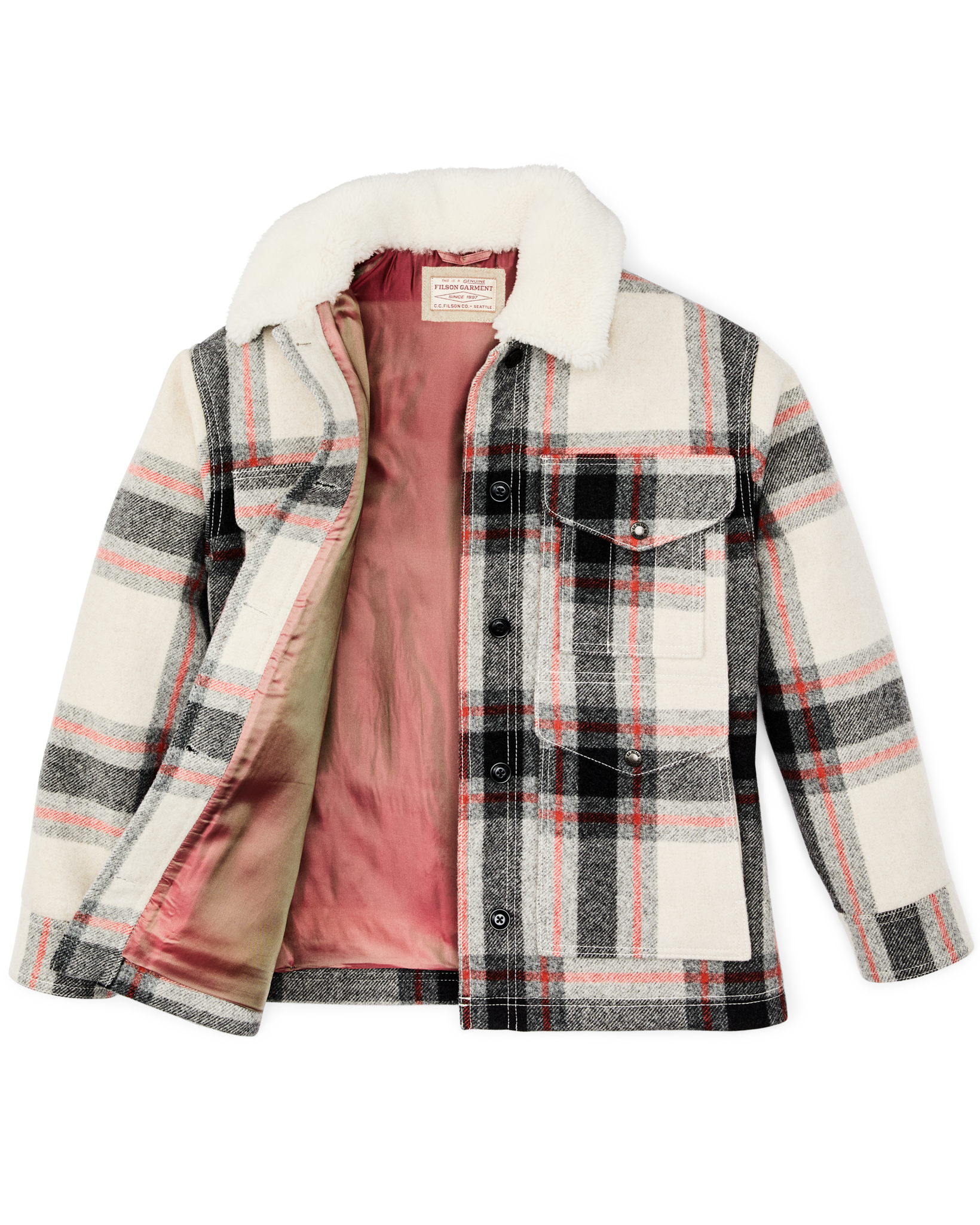 Women's Mackinaw Wool Shearling Cruiser Jacket - Cream / Red / Black Plaid